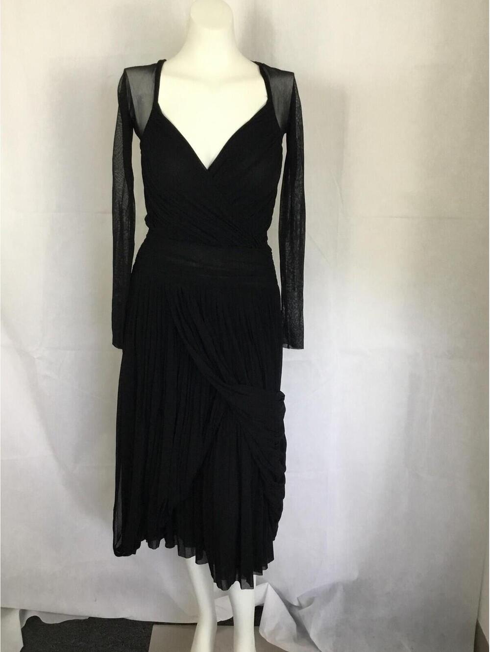 [387] Fuzzi Dress W S Black Mesh Wrap Ruched Pleated Midi Party Formal Italy